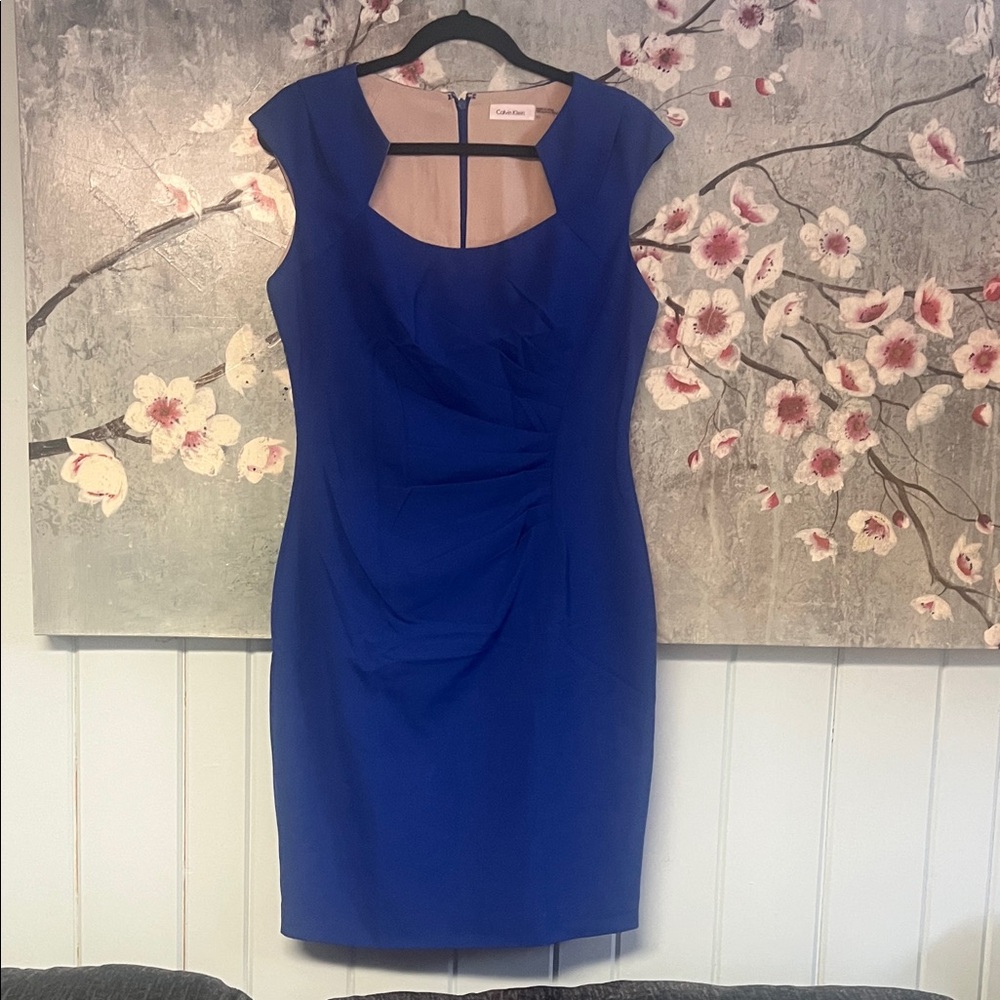 Calvin Klein Cobalt Blue Sheath Dress with Cutout Yoke